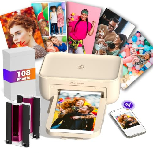 Desktop-Fotodrucker, 10 x 15 cm, mit 108 Blatt Fotopapier und 2 Farbband | Sofortbilddrucker für iPhone, Smartphone, Thermosublimation, WLAN-Verbindung, Heimgebrauch, Beige