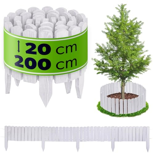 KADAX Beeteinfassung aus Holz, 200 x 20 cm, Holzzaun für Blumenbeet & Gemüsebeet, Flexible Rasenkante für Garten, dekorative Rollzaun, Beetumrandung in Weiß