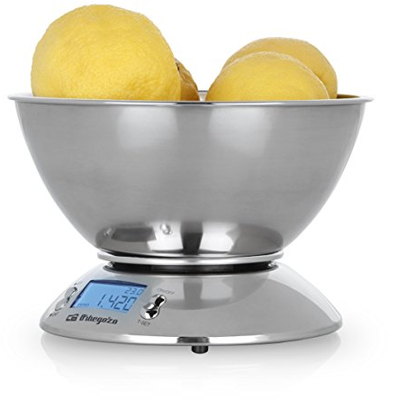 Orbegozo PC 2011 - Peso de cocina con bol y carcasa de acero inox, pantalla LCD, temporizador, termómetro ambiental, capacidad máx 5kg