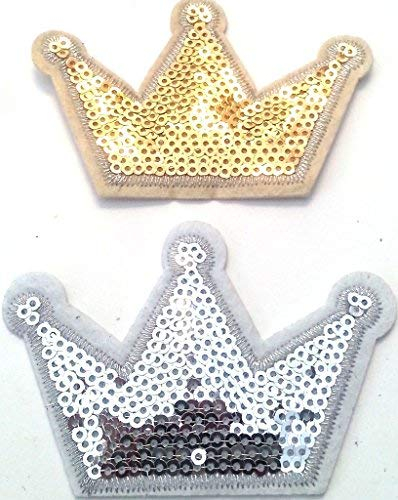 Strass Glitzer Krone Aufnäher Aufbügler Bügelbilder Set Iron on Patches Applikation mit Pailletten Glitzer für Kleider Frauen zum aufbügeln Krone gold und silber je 8 x 5 cm