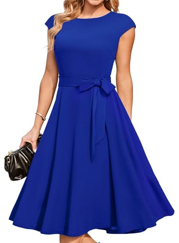 DRESSTELLS Robe de Soirée Cocktail Mariage Robe Cocktail Femme Robe pour Mariage invité col Rond Manches Courtes RoyalBlue S