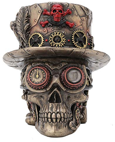Veronese Design 11,4 cm Steampunk Kreuz Knochen Zylinder Motor Totenkopf Antik Bronze Finish Skulptur Tischfigur