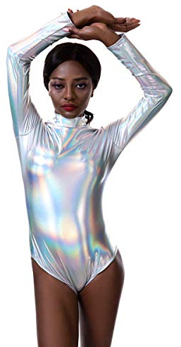 IWEMEK Damen Laser Metallic Langarm Ballett Tanz Trikot Leotard Glänzende Ballettanzug Ballettbody Tanzbody Lack Leder Bodysuit Wetlook Body Sport Gymnastik Turnanzug Top Kostüm Silber 2XL