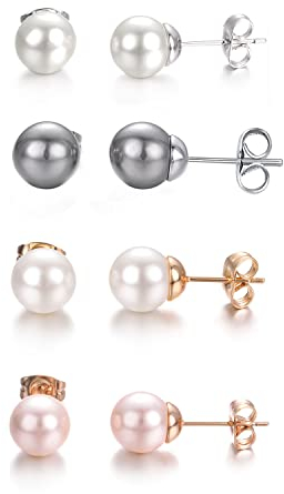 Vissen 4 Paar Bunt Perlen Ohrringe Stecker Set Damen Pink Schwarz Weiß Perle Ohrstecker MäDchen Edelstahl Modeschmuck