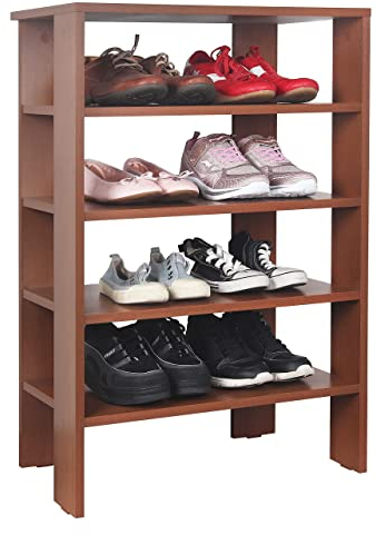 RICOO Schuhregal schmal und hoch 88x60x32cm Standregal Pressholz Eiche Dunkelbraun Rustikal WM040-ER, Schuhständer mit 4 Ebenen, Schuhschrank offen, Schuhablagen Flur Shoe Rack, Schuhablage klein