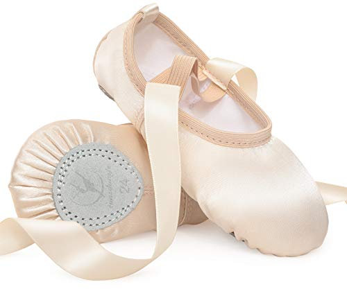 Scarpette da Danza Classica Raso Scarpe da Ballerina con Suola Divisa in Nastro per Bambina Donna Rosa Beige Chiaro Taglia 24-40
