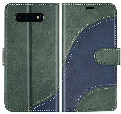BoxTii Hülle für Galaxy S10, Leder Handyhülle für Samsung Galaxy S10, Ledertasche Klapphülle Schutzhülle mit Kartenfächer und Magnetverschluss, Grün