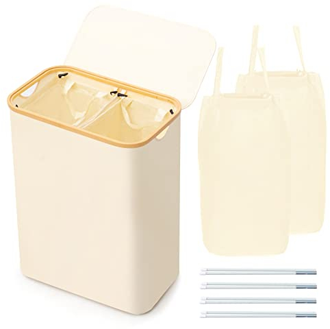 BRIAN & DANY 123L Wäschekorb mit deckel, Zwei Fächer Wäschebox Faltbar Wäschesammler Wäschetruhe Wäschetonne, Beige