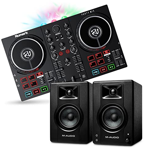 Numark Party Mix II + M-Audio BX3 - Set de DJ, Controlador con mezclador para Serato Lite y luces integradas + Monitores de estudio de 120 W que ofrecen un sonido profesional