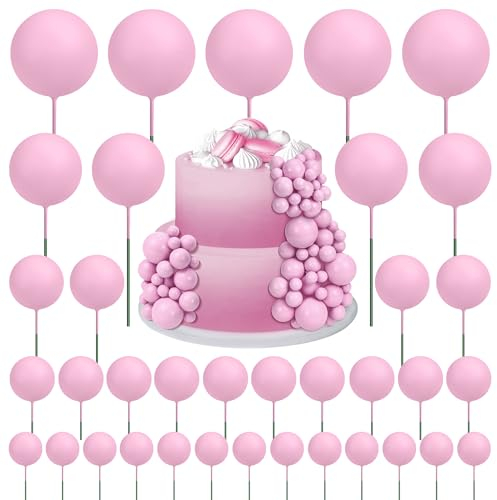 55 X Mini Balls Cake Toppers 5 Sizes Foam Ball Cake Picks Cake Decorations Pink Color Mini Balloons Stick Cake Cupcake Toppers for Anniversary Baby Shower Party Supplies (Size1.5-4Cm)