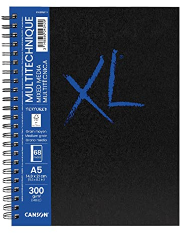 CANSON XL Mixed Media Textured Book, Mixed Media Papier, Mittlere Körnung, 300 g/m², an der langen Seite Spiralgebundes Buch, DIN A5, 14,8 x 21 cm, Weiß, 34 Blatt