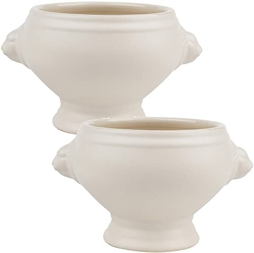 TAMUME Ciotola per Zuppa in Porcellana con Finitura Opaca con Manici, Testa di Leone per Zuppa di Cipolle Francesi, Set di 2 (Bianco *2)