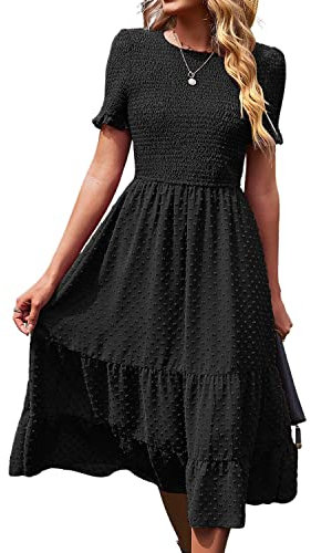 BebreezChic Sommerkleid Damen Midi Elegant Knielang Swiss Dot Luftiges Frühling Festlich Geblümtes Maxikleid Hochzeitsgast Rundhals Kurzarm Freizeitkleid, Schwarz XL