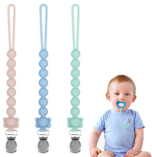 Vicloon Baby Dummy Clips,3 Pcs Silicone Dummy Clips for Baby, Dummy Clip Boys Girls, Soother Pacifier Chain Holder Clips BPA Free Baby Dummy Chain for Teether Toy or Soothie