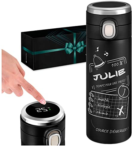 Maverton Mug de voyage personnalisé - Bouteille isotherme 400 ml - Tasse en inox avec Afficheur de température LED - Thermos gravé pour femme - anniversaire - pour elle - école