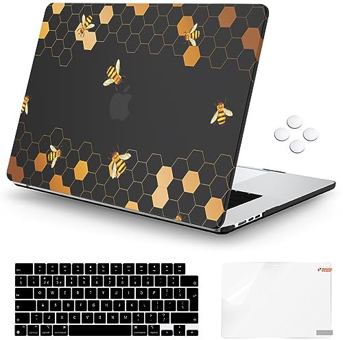 iCasso Compatible with MacBook Air 15 inch Case 2023 M3 M2 Chip Model A3114 A2941 with Touch ID Retina Display, Plastic Laptop Hard Shell Case + Keyboard Cover + Screen Protector (Bee)