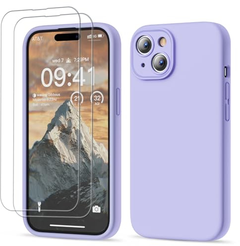 GOODVISH 3 in 1 für iPhone 15 Hülle Liquid Silikon, Violett | mit 2 Stück Schutzfolie, Upgraded Kameraschutz Soft Mikrofaserfutter Handyhülle Kratzfest Stoßfeste Schutz Case 6.1