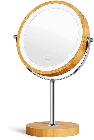 SLIMOON Specchio da trucco illuminato da 8 pollici con supporto in bambù, specchio ingranditore a doppia faccia 1X/10X con luce, luminosità regolabile in 3 colori, specchio cosmetico ricaricabile a