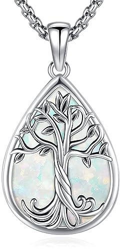 Eusense Collier d'arbre de vie Pour Femmes en Argent 925 Avec Pendentif en Opale Blanche Chaîne pour Femmes Filles Cadeaux D'anniversaire