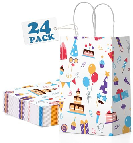 Switory Geschenktüten 24 Stück Party Papiertüten, Weiß Klein Papiertüten mit Henkel zum Mitgebsel Geburtstag, Kindergeburtstag, Geschenken, Party 15x8x21CM