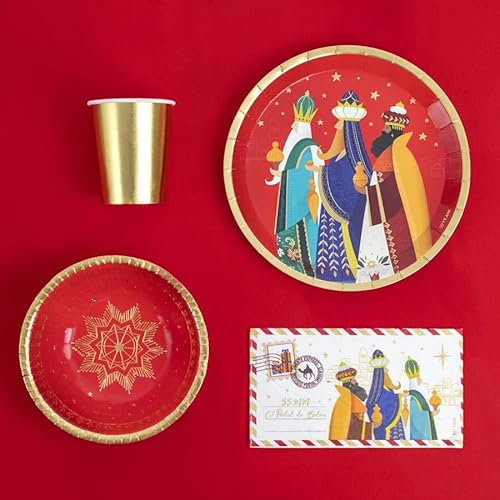 PARTYLOSOPHY Kit Vajilla de cartón Desechable con decoración y temática navideña con diseño de Reyes Magos para 6 Personas – Pack para 6 Personas. Decoración Mesa Navidad Reyes Magos.