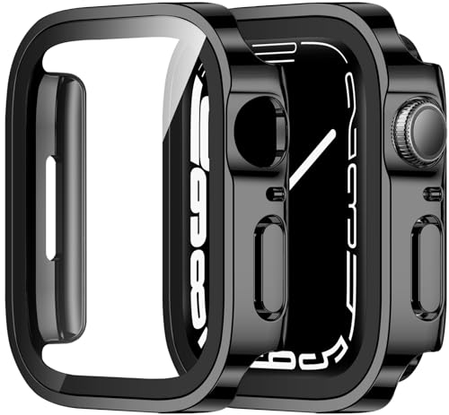 ZZDZZ [2 Pezzi Cover Compatibile con Apple Watch Serie 9/Serie 8/Serie 7 45mm con Vetro Temperato, Custodia PC Rigido Anti Graffio per Apple Watch 45mm (Nero+Nero)