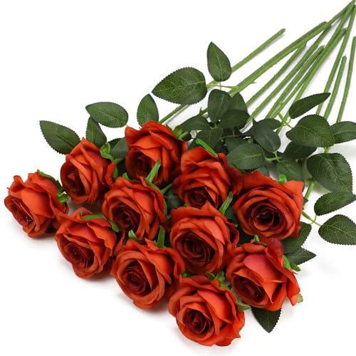 Tifuly Orange Fake Roses Artificial Flowers - 10 Pcs Fake Artificial Burnt Orange Roses Silk Flowers with Stems for Home Wedding Hotel Office Centerpiece Decor