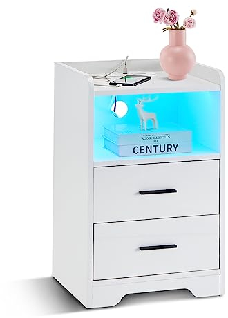 LEMROE Weiß Hochglanz Nachttisch mit Ladestation,Modischer Nachtkommode Nachtkästchen mit Verstellbarem LED Licht und 2 Schubladen,Nachtkonsole Beistelltisch mit offenem Regal