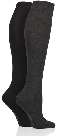 SockShop Bamboo Knee High Socks - Womens Long Socks in Plain and Striped Designs, Fun, Fashionable in Bright Colours, Soft and Breathable for Comfort, Pack of 2 Pairs Size 4-8 Grey 4-8
