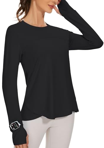 IECCP Women's Athletic Shirts Long Sleeve SPF 50+ Sun Protection Tops Outdoor Tshirts Women Hiking Shirts Black Large
