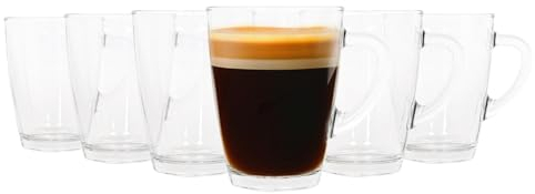 LAV 6x Clear 350ml Vega Glass Coffee Cups - Large Heat Resistant Tea Latte Cappuccino Hot Chocolate Drinking Mugs Glasses Set with Handle