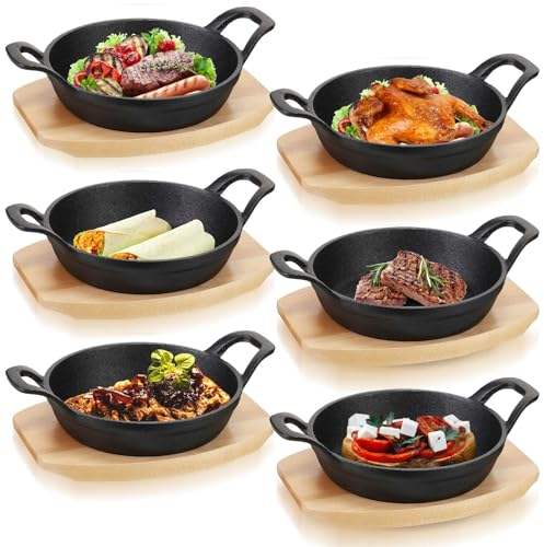 Nuogo 6 Sets Mini Cast Iron Skillet Plates With Wooden Base - Small Round Pan, Fajita Plate, Pot for Cooking, Christmas Party (4.9 Inches)