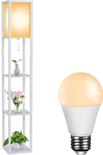 YOURLITE Lampadaire avec étagères 160cm, Lampe sur pied en Bois, Éclairage Intérieur, Convient pour le Salon, La Chambre, La Salle d'étude, Le Bureau, Moderne, Blanc (Avec ampoule)