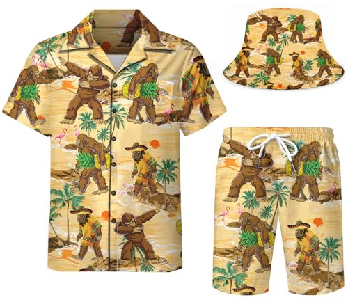 Spanoous Hawaii-Hemden und Shorts für Herren, lustige Hawaii-Hemden für Herren, Strand-Outfit-Sets mit Eimerhüten, Farbe: 17, Small