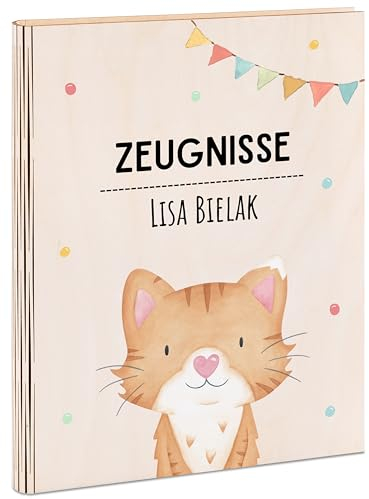 wunderwunsch® - Personalisierte Zeugnismappe aus Holz mit hochwertigem Spezial-Druck - Einschulung Geschenk - Zeugnismappe Jungen & Zeugnismappe Mädchen (Katze Girlande)