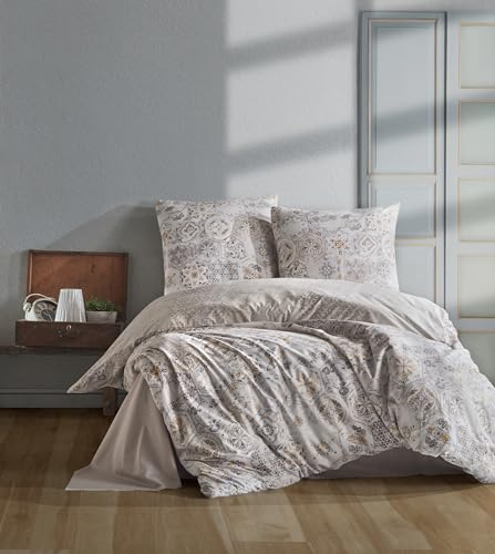 ZIRVEHOME Bettwäsche-Set 135x200 cm, 4-teiliges, Baumwolle Renforcé, Beige/Grau - Bettbezug & Kissenbezug (80x80 cm), Geometrisches Design in Grau, Beige, Blau & Gelb, Mosaikmuster, Hernes
