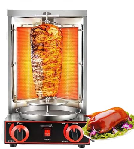 Parrilla vertical eléctrica Shawarma de acero inoxidable a 300 ℃, horno de kebab giratorio de 360° - Bandeja de aceite, calor ajustable - Gyros asador