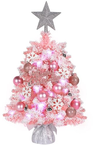 LOENIY Albero di Natale da tavolo da 61 cm, piccolo albero di Natale con 35 luci LED, ornamenti fai da te, stella, albero di Natale artificiale per feste e interni (rosa chiaro)