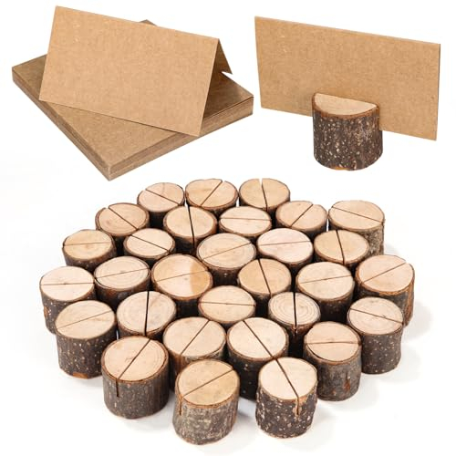 Bixury 30 Pcs Porte Noms de Table Porte-Cartes en Bois Porte-cartes de Table Rustique en Bois Stands Bois Cercle avec 30 Papiers Kraft Porte-photo pour Les Décorations de Mariage et Les Fêtes (30)