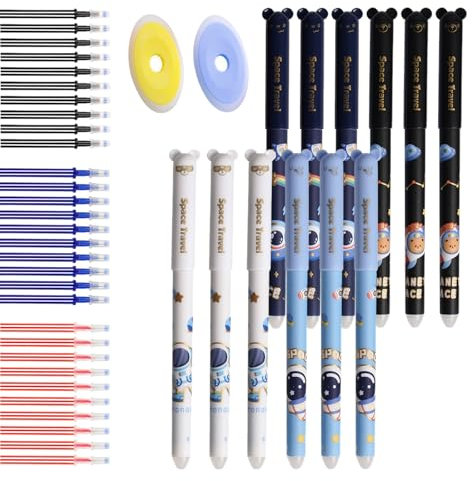 CONNECTION Radierbare Stifte Set 12 Stück Astronaut Radierbarer Kugelschreiber Cartoon Löschbarer Stift mit 30 Nachfüllungen und 2 Radiergummis für Studenten,Zeichnen,Bürobedarf (Mehrfarbig)
