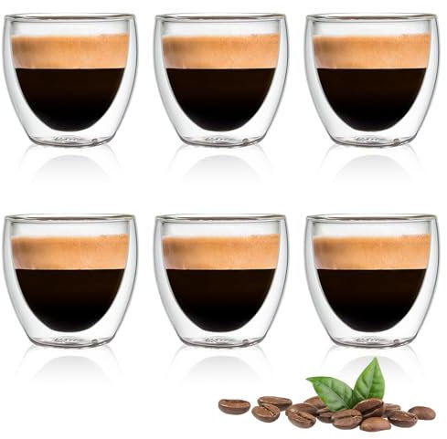 Bicchierini Caffè Vetro 6 Pcs - Tazzine Caffe Vetro 80ml Bicchierini Caffè Tazza Doppio Vetro SetLavabili Trasparenti Bicchieri per Cappuccino Strato Latte tè Macchiato Whiskey Tè Caffè (CFC80)