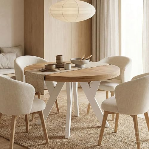 Dekori Möbel Runder Ausziehbarer Tisch für Esszimmer mit Holzbeinen, Pero, Loft-Stil, Skandinavische, Durchmesser Varianten: von 90 bis 220 cm (Eiche Artisan/Weiß, 110/210 cm)