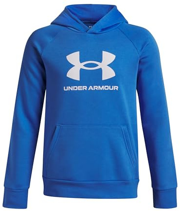 Under Armour Boys' Rival Fleece Big Logo Hoodie, Super-Soft Brushed Lining Boys' Hoodie, Lightweight Hooded Top for Sports and Casual Wear,Blue Atlantis / / White,YXL
