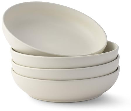 JoyJolt Mesa Servierschalen aus Steingut, 4er-Set, große Pasta-Salat-Pho-Suppenteller für Küche, spülmaschinen- und mikrowellengeeignet, ästhetische Küchenutensilien – Mattweiß (Leinen)