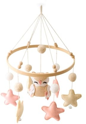 Babybett Mobile Baby Holz mit Filzbällen, Eule und Stern Baby Mobile Windspiel, Bettglocke Anhänger für Babybett, Kinderzimmer Deko, Geschenk für Baby Mädchen oder Jungen (Rosa)