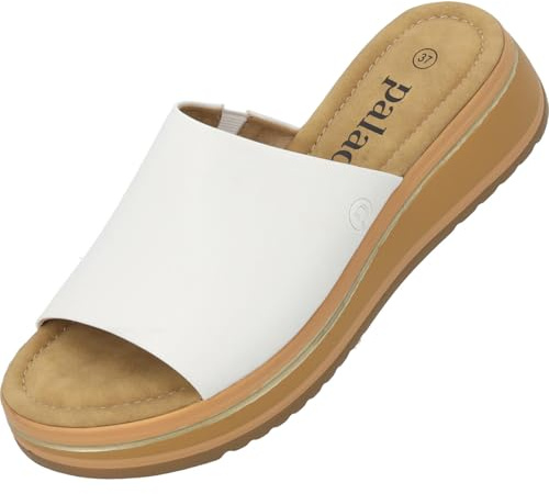 Palado Sandalen Damen Rhat – bequeme Hausschuhe mit Plateau-Sohle - modische Pantoletten - elegante Sommerschuhe Weiß UK6 - EU39