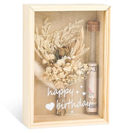 Geldgeschenk Geburtstag – Happy Birthday Geschenkbox mit Trockenblumen & Reagenzglas – Kreative Geldgeschenke für Frauen & Männer – Alternative zum Geldumschlag – Geburtstagsgeschenk aus Holz