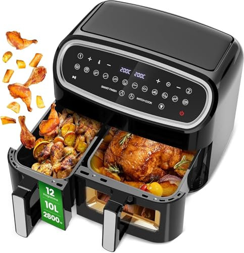 Gidgimo Friggitrice ad Aria 10 litri Doppio Cestello, Max 230°C, 2800W Air Fryer con Finestra, 12 Programmi, Friggitrice Senza Olio XXL, Doppia Temperatura e Tecnologia SmartCook - Cooki G230 Ultra