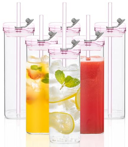 6-Pack Pink Square Glass Cups with Lids & Straws – Set of 6 Modern Tumblers for Iced Coffee, Bubble Tea, Mojitos & Juice, Perfect for Christmas, Valentine’s Day and Birthday Parties