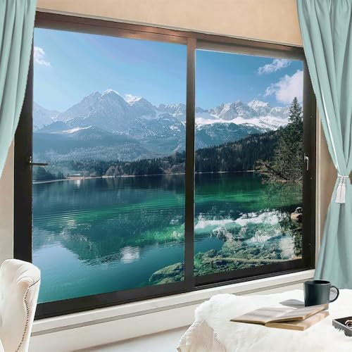 Nature Lake Wärmeregulierung Fenster Sichtschutzfolie Rustikal Schnee Berg Wald Winter Landschaft Fensterfolie Statisch Haftende Fenster Glasabdeckung für Home Office 45 x 60 cm x 2 Stück